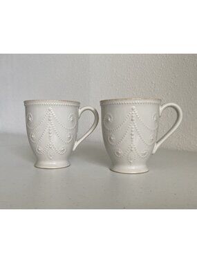 Set Of 2 Lenox French Perle Bead White Ivory 12 oz Mugs Coffee Teacups